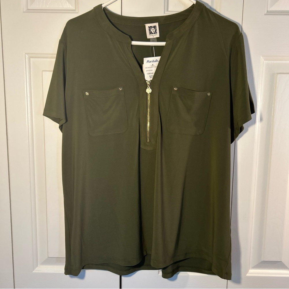 NWT Ann Klein Blouse Sz XL Olive Green V Neck Gold Zipper Front Pockets Stretch
